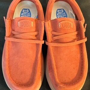 Suede Platform Hey Dudes W8-Peachy/Orange with Tan Bottom